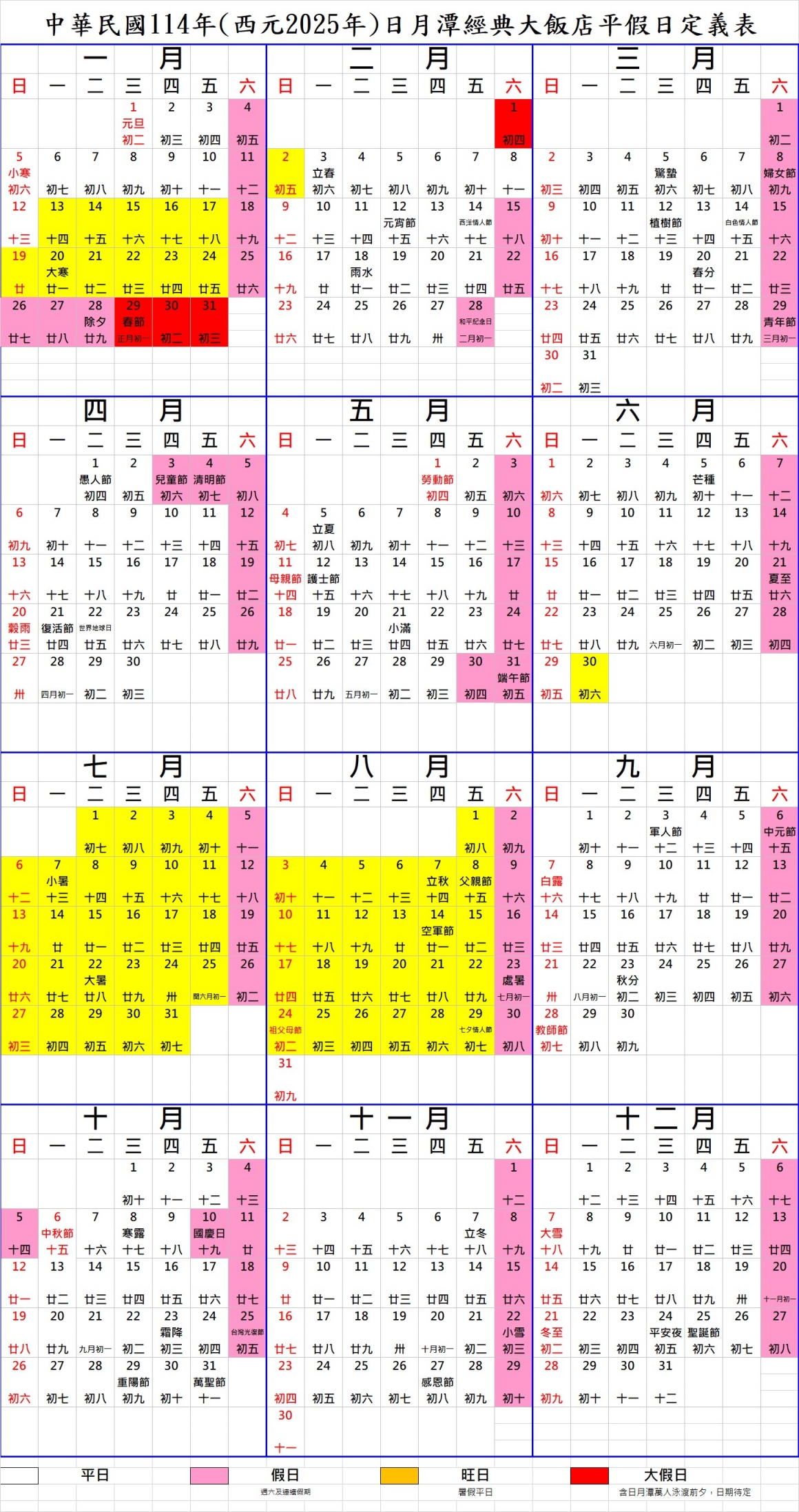 2025(114年)經典大飯店平旺假日定義表_圖